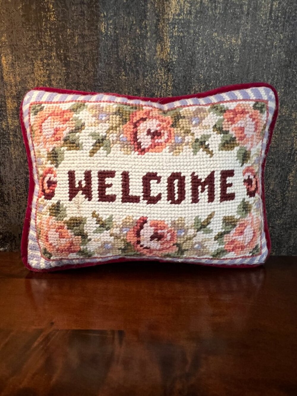 Handmade Vintage Needlepoint Welcome Pillow Floral Burgundy Velvet Cottagecore - Picture 3 of 4